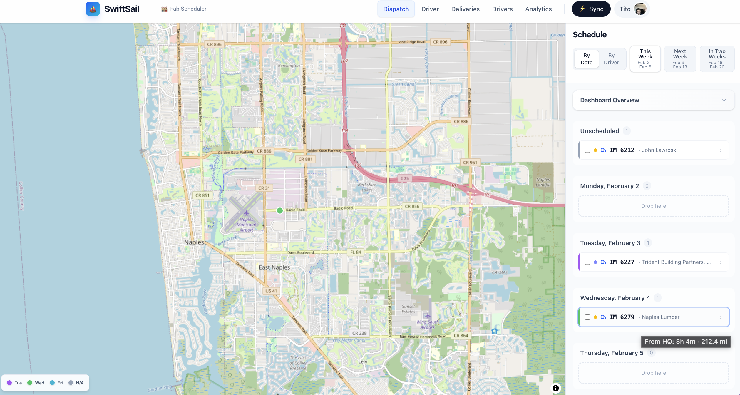 SwiftSail delivery dispatch with map view
